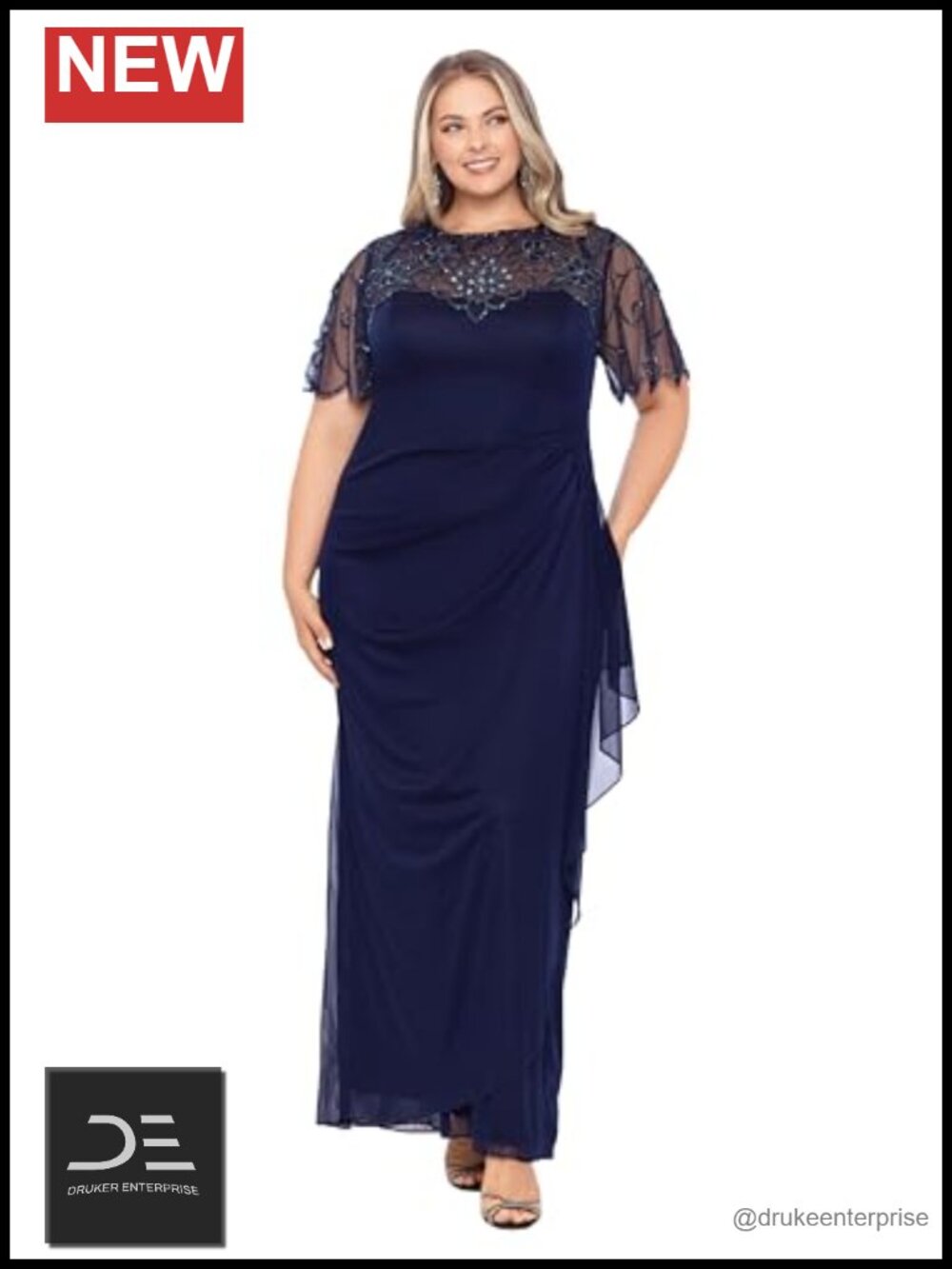 Plus Size Long Beaded Sequin Illusion Neckline Jersey Dress